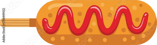 Delicious Corn Dog on a Stick with Ketchup Drizzle Vector Illustration