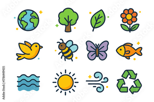 Ecological Icons Grid. ecological balance. Colorful isometric vector icons set of ecological balance: earth, tree, leaf, flower, bird, bee, butterfly, fish,