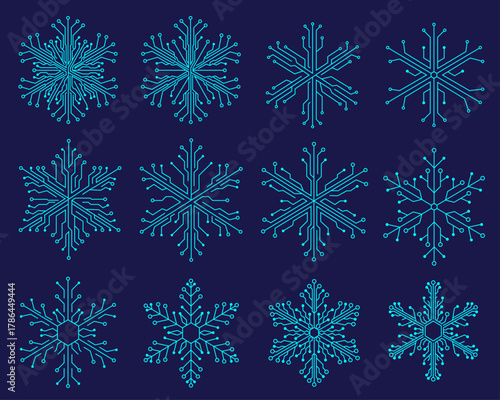 Tech Circuit Snowflake Vector Set – Futuristic Digital Winter Data Network