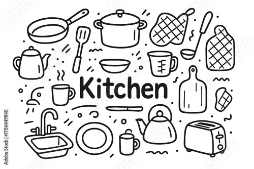 Hand-Drawn Kitchen Doodle. Kitchen. Hand-drawn doodle illustration of kitchen. Frying pan, pot, ladle, oven