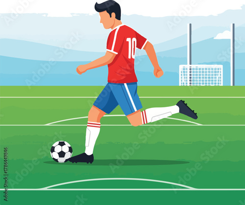 Male Soccer Player Dribbling Ball on Green Field Sports Action Illustration