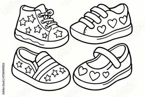Fun Shoe Coloring. Creative shoe patterns children?s coloring book illustration, outlined drawing, fun shoes