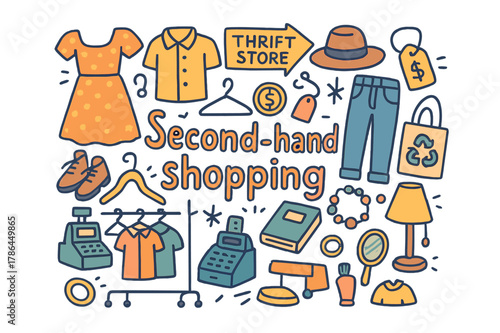 Second-Hand Thrift Finds. Second-hand shopping. Hand-drawn doodle illustration of Second-hand shopping.