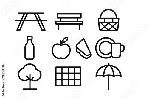 Family Picnic Icons. Family picnic. Line outline icon set of family picnic: picnic table, bench, basket, plate