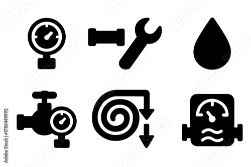Water Pressure Icon Set. Water pressure tester. Filled icon set of water pressure tester: pressure gauge, pipe