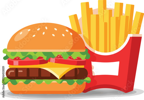 Classic Cheeseburger and Crispy French Fries Combo Icon Fast Food Meal Illustration