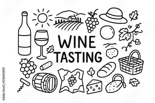 Wine Tasting Doodle. Wine Tasting. Hand-drawn doodle illustration of tasting a glass of wine during a vineyard