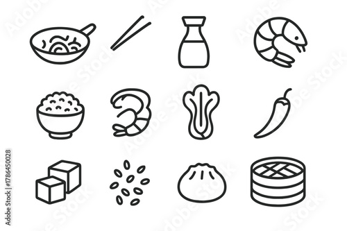 Asian Cuisine Icons. Asian cuisine. Line outline icon set of stir-fried dishes and ingredients: wok,