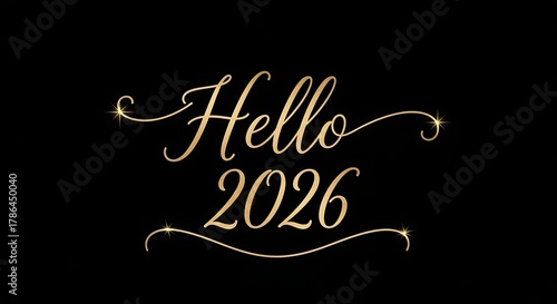 Elegant hello 2026 wishes in golden glitter on a dark background design