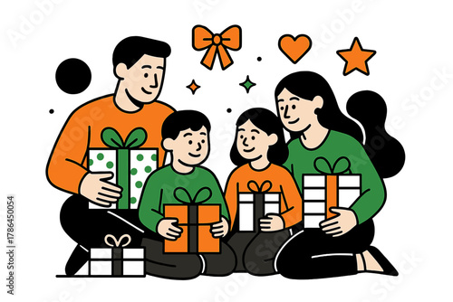 Festive Family Gathering. Holiday gifting. A family gathered with wrapped presents and floating geometric