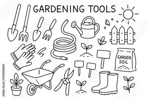 Gardening Tools Sketch. Gardening Tools. Hand-drawn doodle illustration Gardening Tools shovel, rake, trowel, watering can, gloves, wheelbarrow, hose, garden