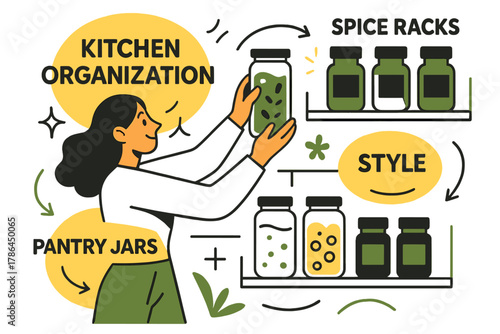 Pantry Perfection. Kitchen organization. Person arranging pantry jars, spice racks, and shelves; glowing