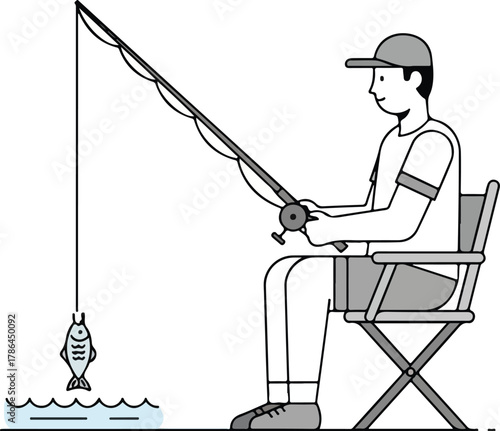 Man Angling and Successfully Catching a Fish with a Rod and Reel Minimalist Illustration