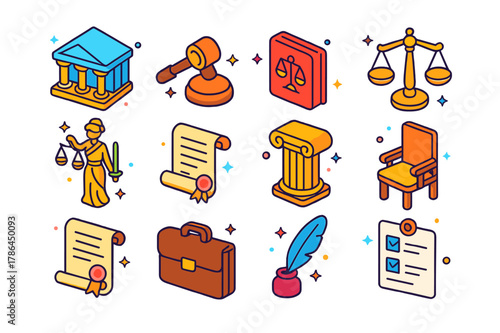 Colorful Justice Icons. Justice system symbols. Colorful isometric vector icons set of Justice system symbols: courthouse building, gavel, law book, scales of
