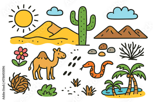 Colorful Desert Doodle. Desert landscape. Colorful Hand-drawn doodle Children illustration Desert landscape sand dunes, tall saguaro, sun, tumbleweed, rocks,