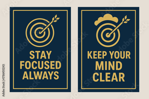 Stay Focused Banners. Stay focused always. Two vertical A6 banners with safe margins, centered composition, no elements touching edges, bold, navy and gold,