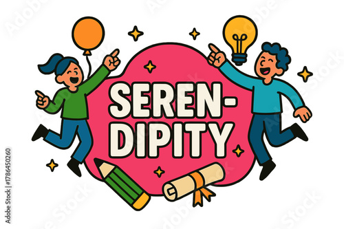 Serendipity Celebration. Serendipity sticker outline, flat vector illustration, bold oversized text inside rounded blob, cartoon characters jumping and