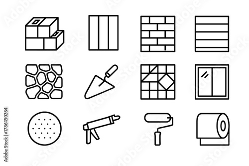 Exterior Materials Icons. Exterior Materials. Line icon set of Exterior Materials: concrete block, metal panel, brick wall, wood slat, stone veneer, stucco