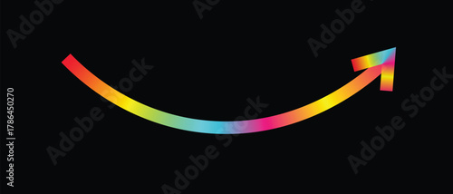 Curved gradient arrow rising upward on black background colorful neon growth direction symbol representing success, progress, innovation, and positive business development concept