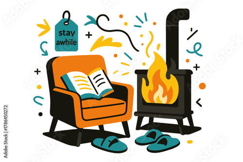 Cozy Fireside Reflection. Keeper of the Hearth ? Quiet Read by the Stove. A chair, a book, and slippers rest in perfect calm; page edges glow with firelight.