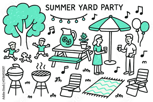 Summer Yard Celebration. // Summer yard party. Hand-drawn doodle illustration Summer yard party [tree shade (accented), picnic table (accented), grill,