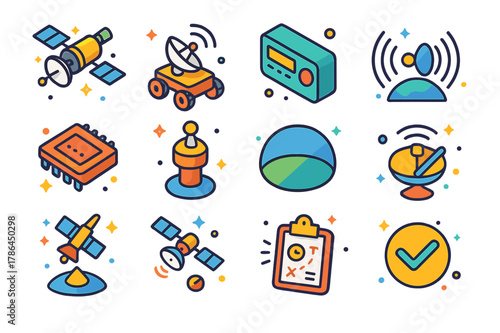 Planetary Relay Icons. Planetary relay architecture. Colorful isometric vector icons set of Planetary relay architecture: Mars relay orbiter, surface rover