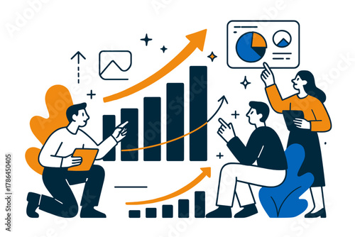Dynamic Market Analysis. Market growth. People analyzing bar charts and digital dashboards, abstract arrows