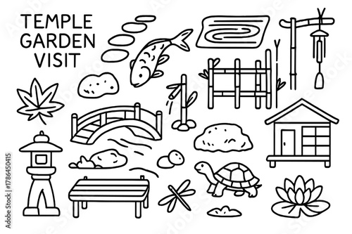 Serene Temple Garden. Temple garden visit. Hand-drawn doodle illustration Temple garden visit stone path, koi fish, arched bridge, raked sand, bamboo fence,