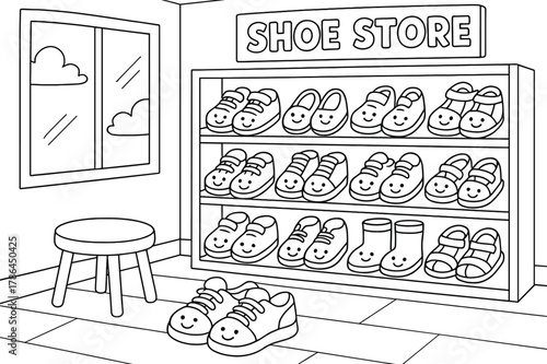 Children's Smiling Shoe Shop. Shoe store children?s coloring book illustration, outlined drawing, cartoon shop