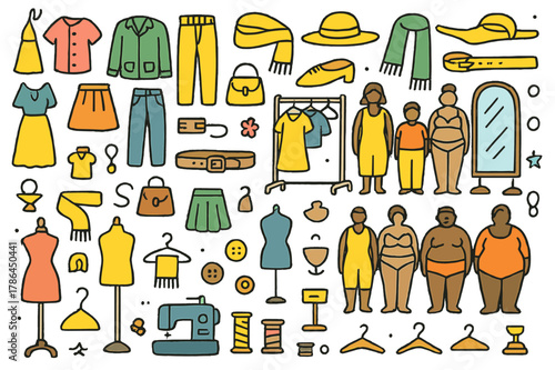 Colorful Fashion Doodles. Diverse fashion. Hand-drawn doodle illustration dresses (colored), shirts (colored), pants (colored), skirts (colored), jackets