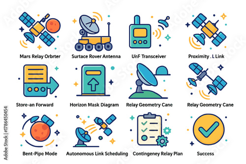 Colorful Space Relay Icons. Planetary relay architecture. Colorful isometric vector icons set of Planetary relay architecture: Mars relay orbiter, surface