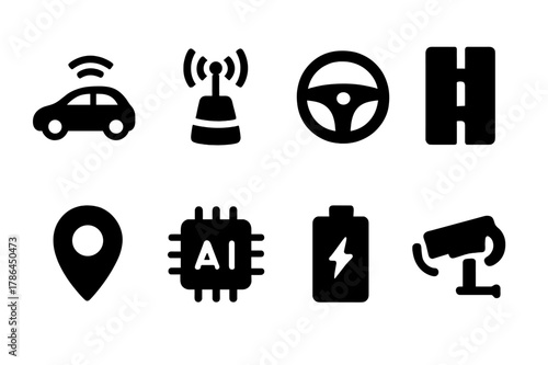 Autonomous Vehicle Icons. Autonomous vehicles. Filled icon set of autonomous vehicles: self-driving car, lidar