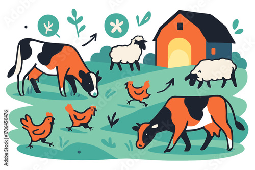 Pasture Harmony. Pasture life. Cows grazing near a glowing barn, chickens running freely, and sheep scattered