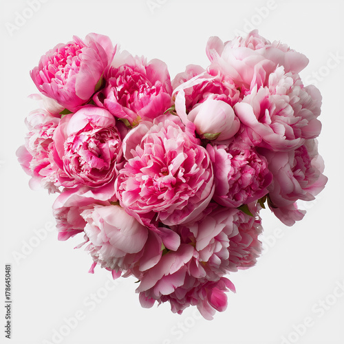 Pink peonies create a heart shape on a bright white background, highlighting nature's beauty Generative AI
