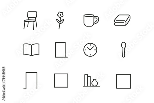 Minimalist Icon Collection. Minimalist Moments. Line icon set of Minimalist Moments: empty chair, single flower, ceramic cup, folded towel, open book, plain
