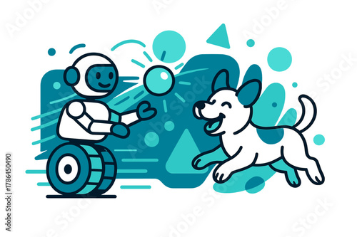 Robot Plays Fetch. Playful Companions. A rolling robot tosses a glowing ball to a cheerful puppy; digital