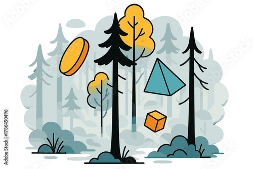 Misty Forest Geometrics. Silent Forest. Misty forest with tall trees and floating abstract geometric shapes, calm and peaceful atmosphere. Modern flat-line