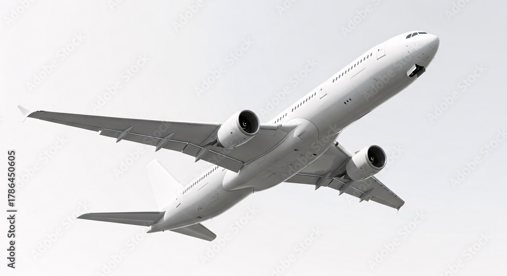 Fototapeta premium Airplane isolated on white background, a commercial plane flying in the sky during the day