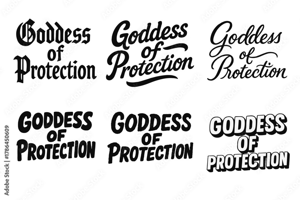 Fototapeta premium Goddess Lettering Variations. Goddess of Protection. Set lettering. harmonious lettering variations of the same emblematic concept (Gothic-inspired decorative