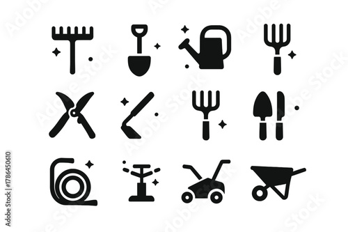 Gardening Tools Icons. Gardening tools. Solid icons set of Gardening tools: rake, shovel, watering can, garden fork, pruning shears, hoe, cultivator, trowel,