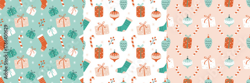 Christmas seamless pattern set with festive gifts, stocking, candy, pine cone and decorations.