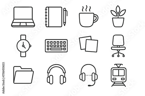 Workday Essentials Icons. Workday Scenes. Line icon set of Workday Scenes: laptop, notebook, pen, coffee cup, desk plant, wristwatch, keyboard, sticky notes,