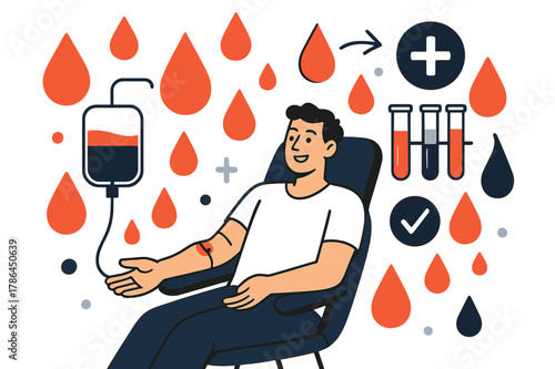 Dynamic Blood Donation Scene. Blood test. Patient donating blood with abstract floating drops, test tubes, and icons; conveys healthcare, contribution, and