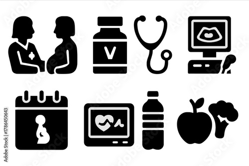 Prenatal Care Icons Set. Prenatal care. Filled icon set of prenatal care: doctor consultation, vitamins bottle