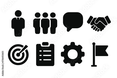 Team Leadership Icons. Team leadership. Filled icon set of team leadership: leader figure, group of people,