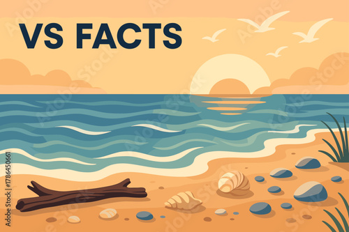 Serene Sunset Beach. VS FACTS. Calm ocean waves, serene beach, peaceful sunset, seagulls flying. Driftwood, shells, and pebbles scattered along the shoreline.