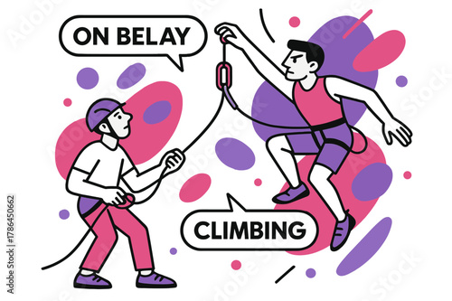 Dynamic Climbing Focus. Belay & Clip Under Pressure. Belayer feeds rope, device hums; above, a climber reaches past a quickdraw with laser focus. ?On belay /