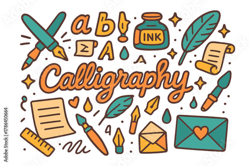 Colorful Calligraphy Doodle. Calligraphy. Hand-drawn doodle illustration of calligraphy. Pen, ink bottle,