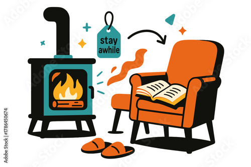 Cozy Fireside Reflection. Keeper of the Hearth ? Quiet Read by the Stove. A chair, a book, and slippers rest in perfect calm; page edges glow with firelight.