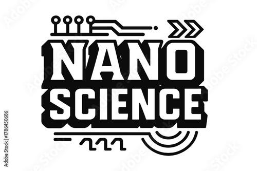 Geometric Science Typography. Nano Science ? bold block geometric lettering; thick massy letters with geometric serifs, heavy outer outline and strong shadow;